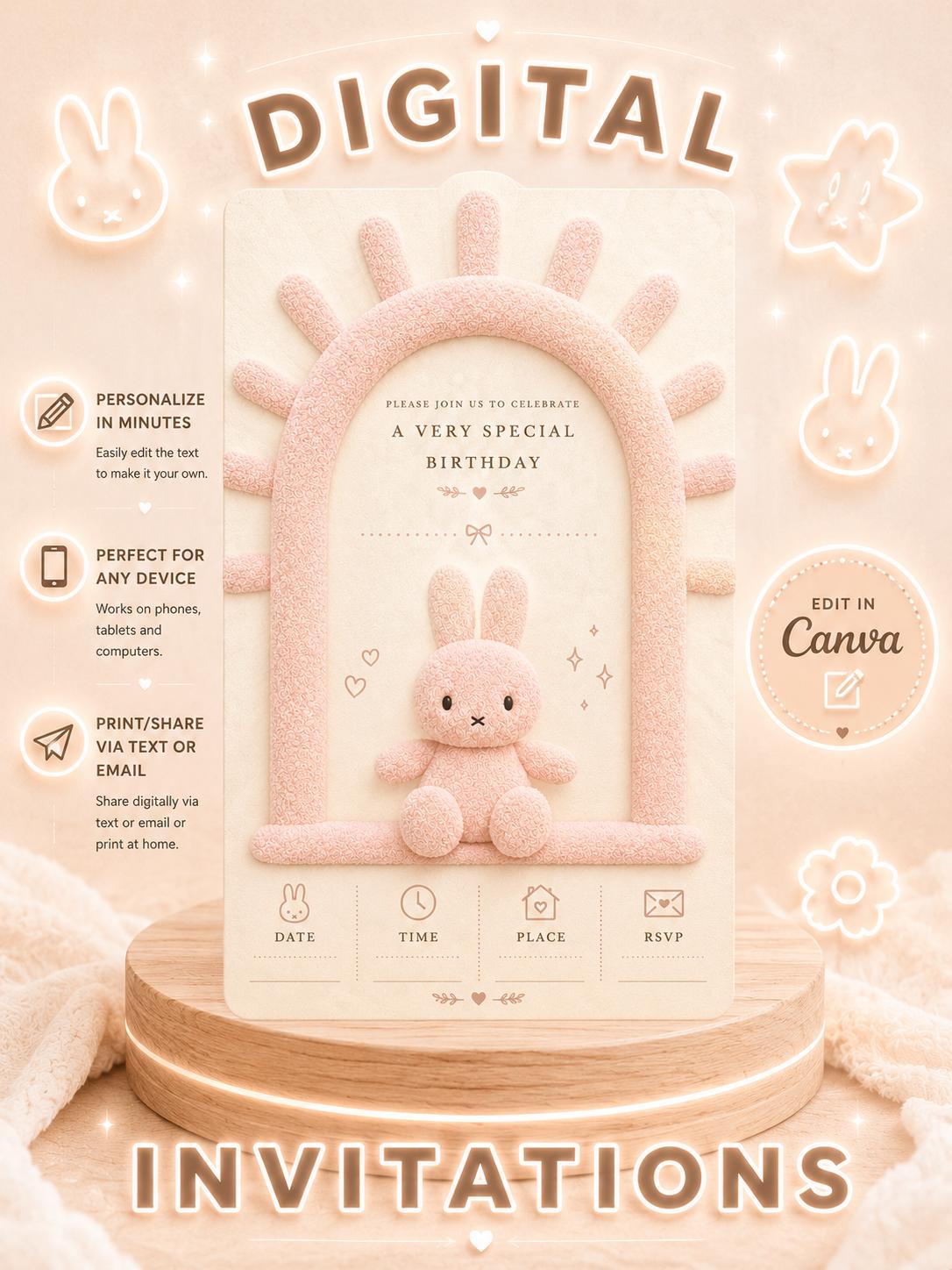 Editable Pink Plush Bunny Birthday Invitation digital product