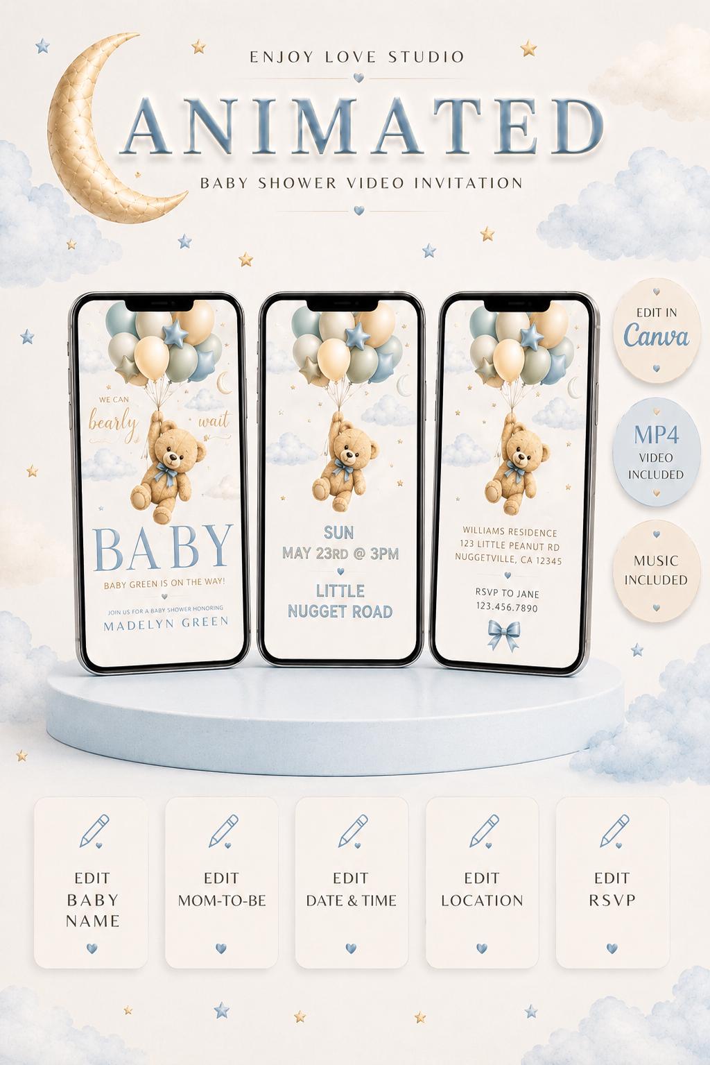 Animated Blue Teddy Bear Baby Shower Invitation digital product