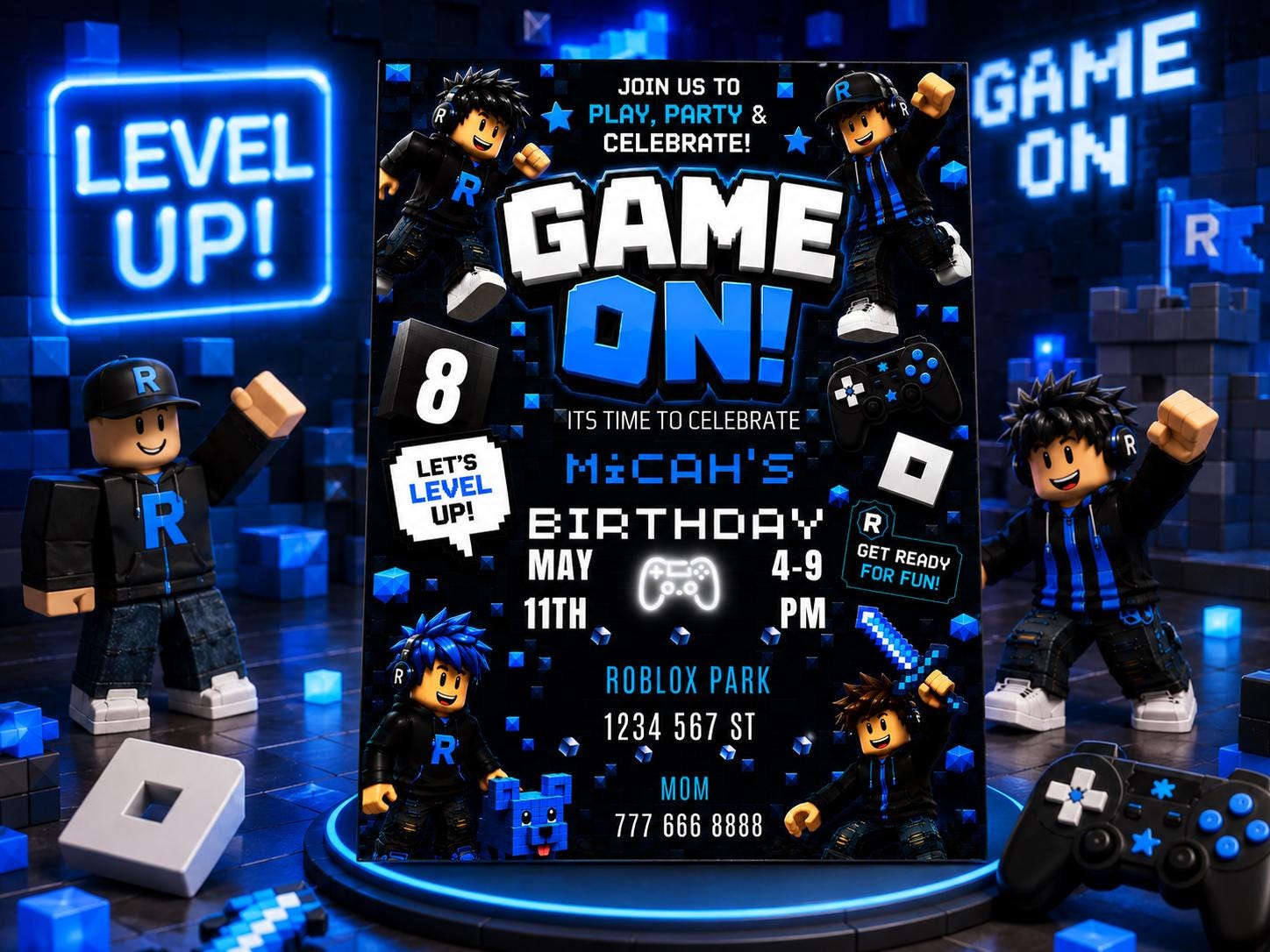 Editable Blue Gamer Birthday Invitation preview 3