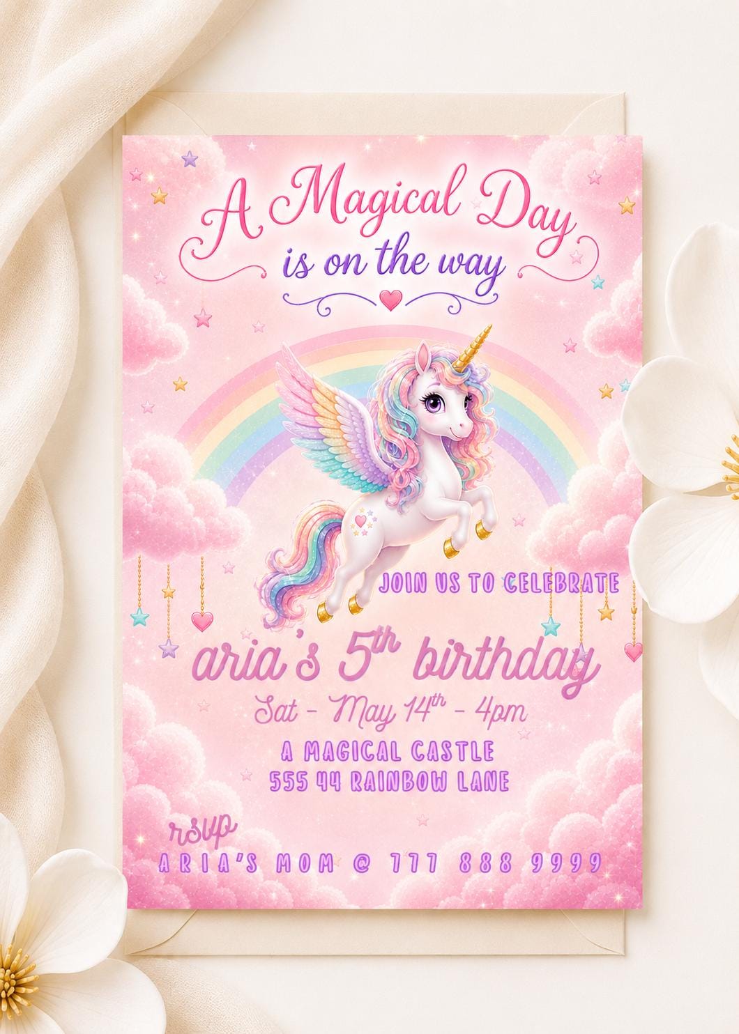 Editable Pink Unicorn Birthday Invitation preview 2