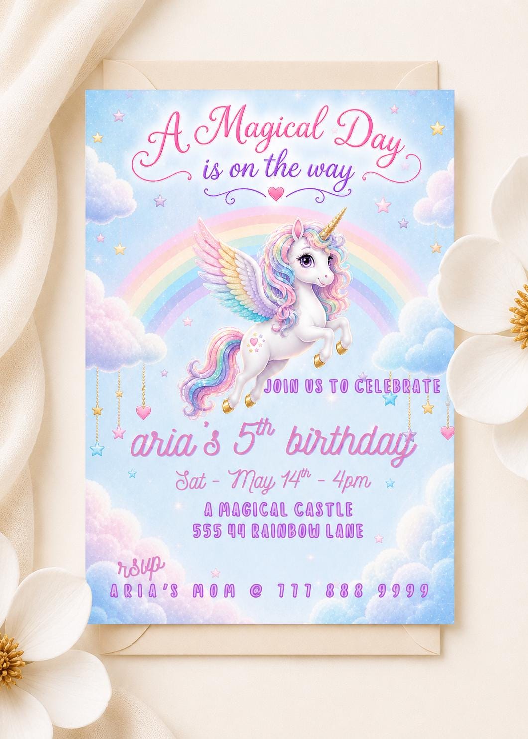 Editable Blue Unicorn Birthday Invitation preview 2