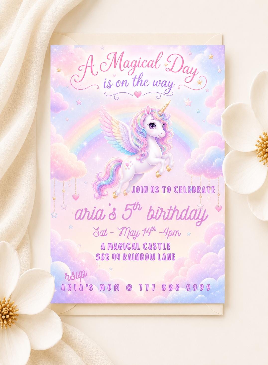 Editable Rainbow Unicorn Birthday Invitation preview 2