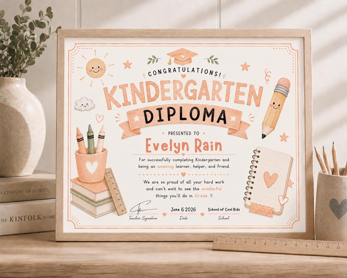 Editable Peach Kindergarten Diploma preview 3
