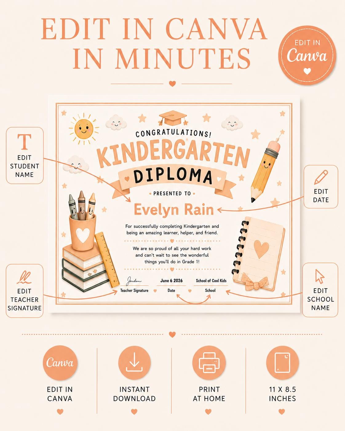 Editable Peach Kindergarten Diploma preview 5