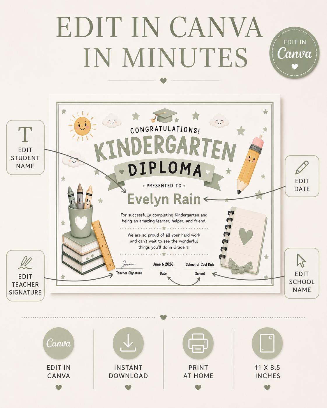 Sage Green Kindergarten Diploma Template preview 5