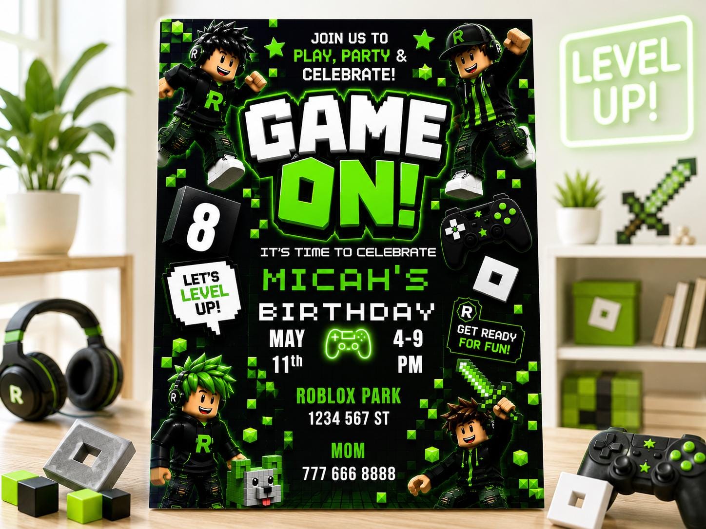 Editable Green Gamer Birthday Invitation preview 3