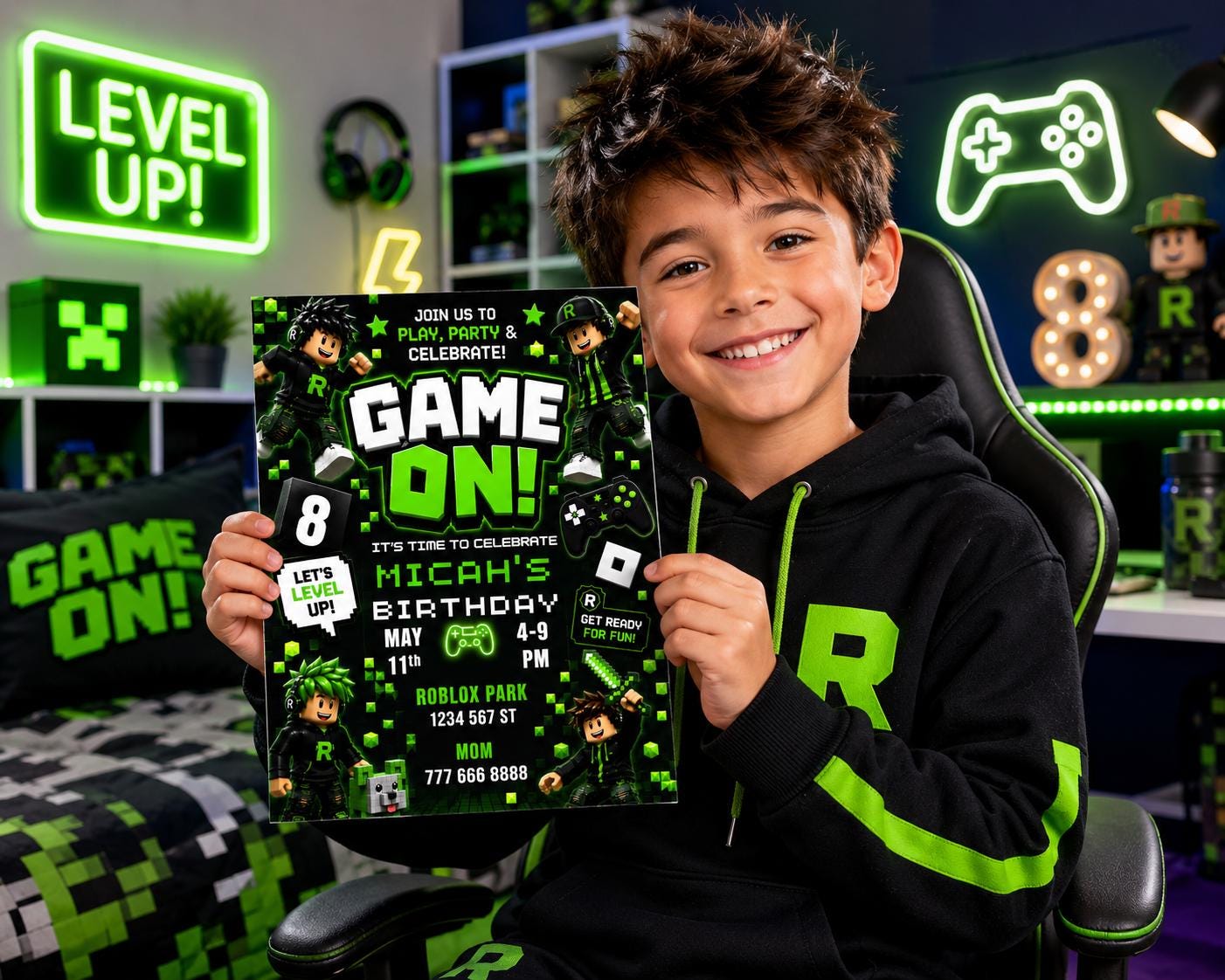 Editable Green Gamer Birthday Invitation preview 5