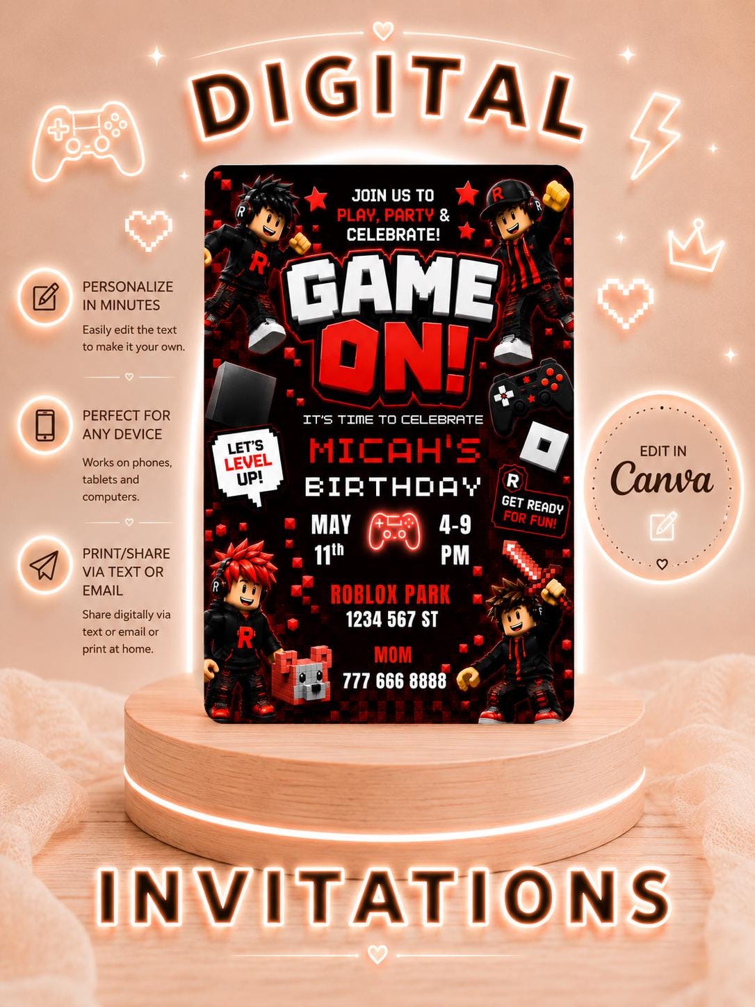 Editable Red Gamer Birthday Invitation digital product