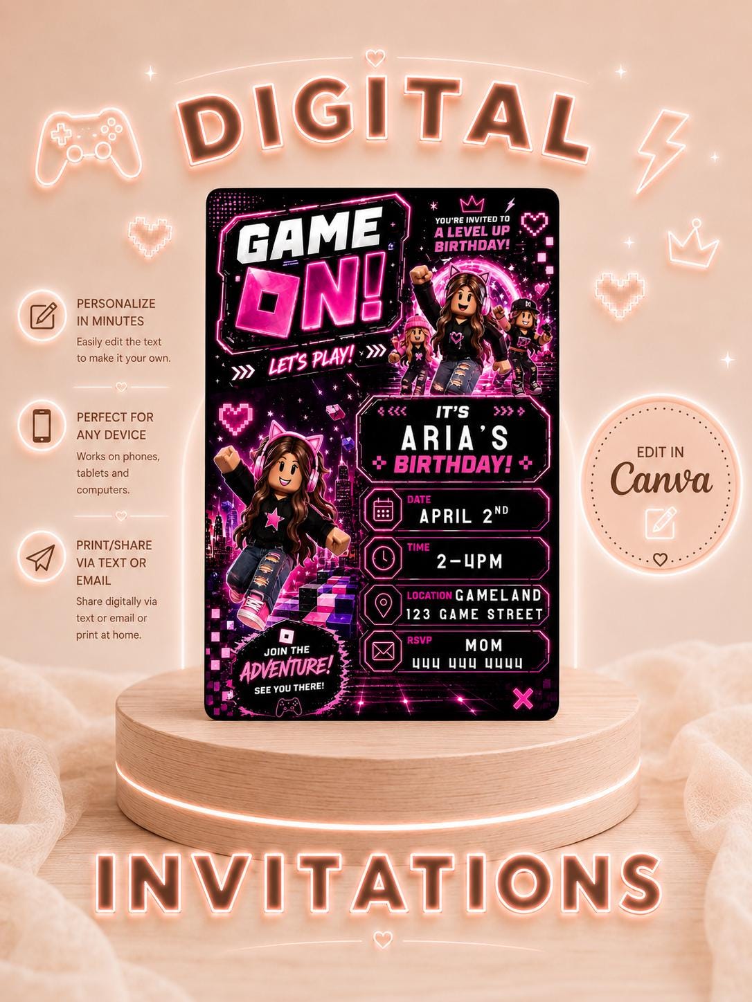 Editable Pink Gamer Girl Birthday Invitation digital product