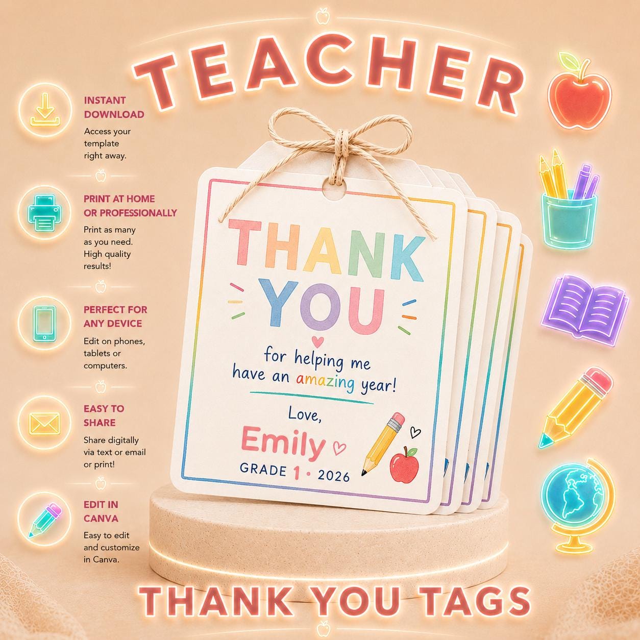 Editable Pink Teacher Thank You Gift Tag digital product