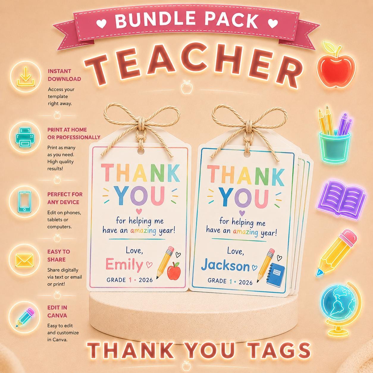 Editable Pink and Blue Teacher Thank You Gift Tag Bundle digital product