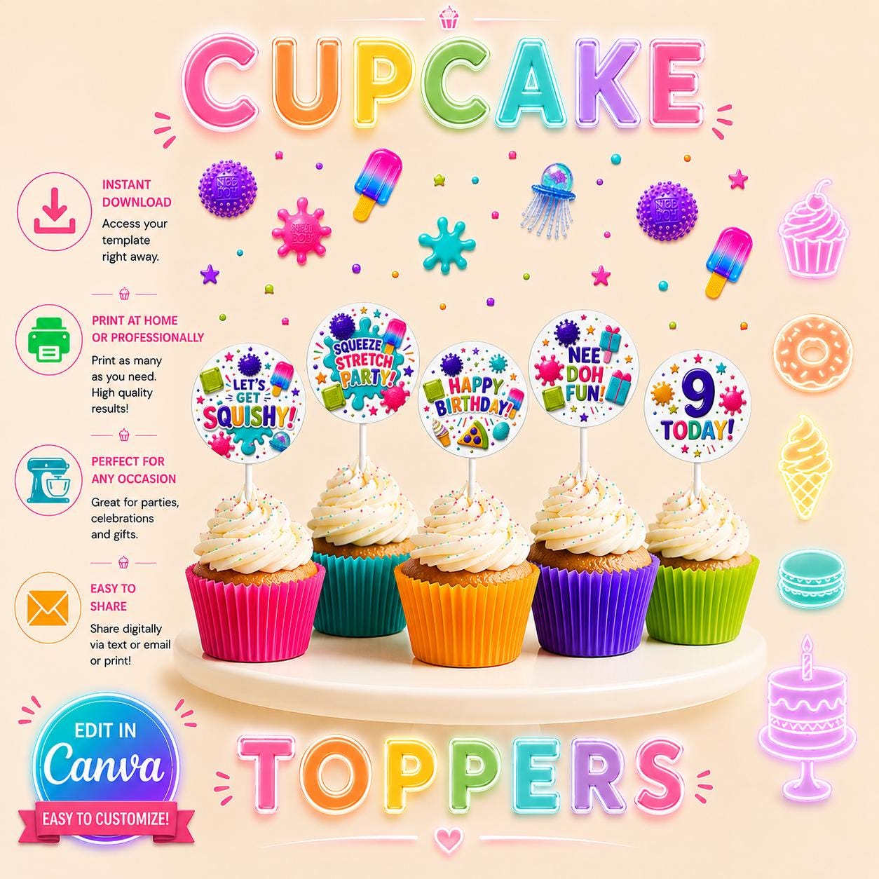Needoh Squishy Birthday Cupcake Toppers digital product