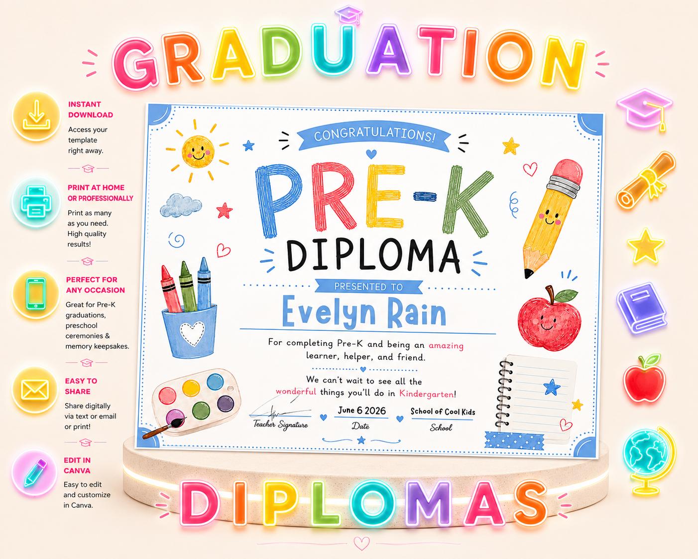 Editable Blue Pre-K Diploma preview 2