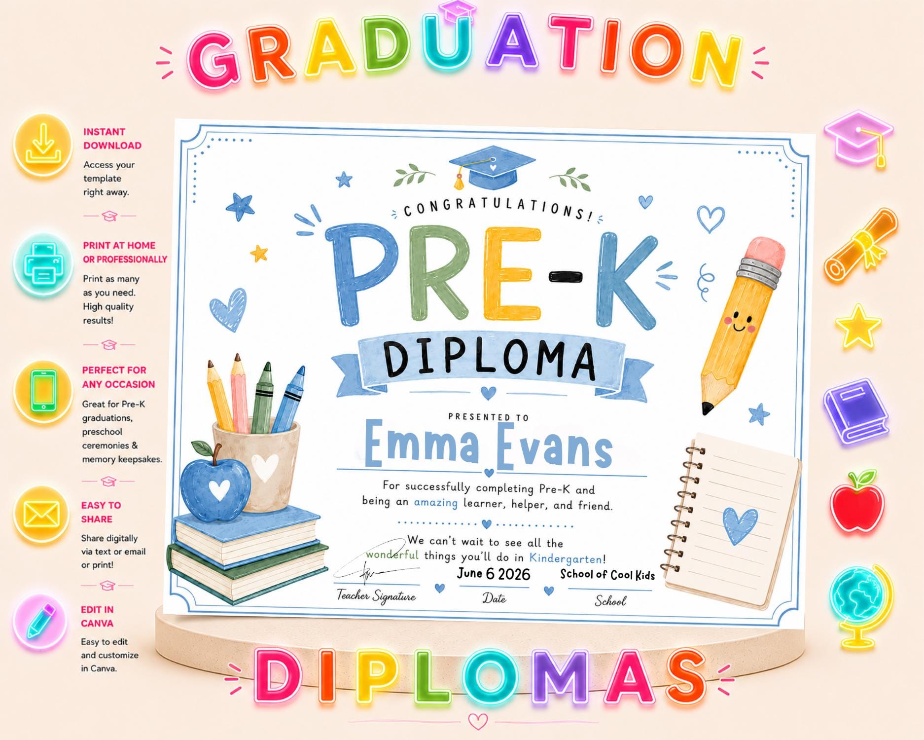 Editable Blue Pre-K Graduation Diploma preview 2