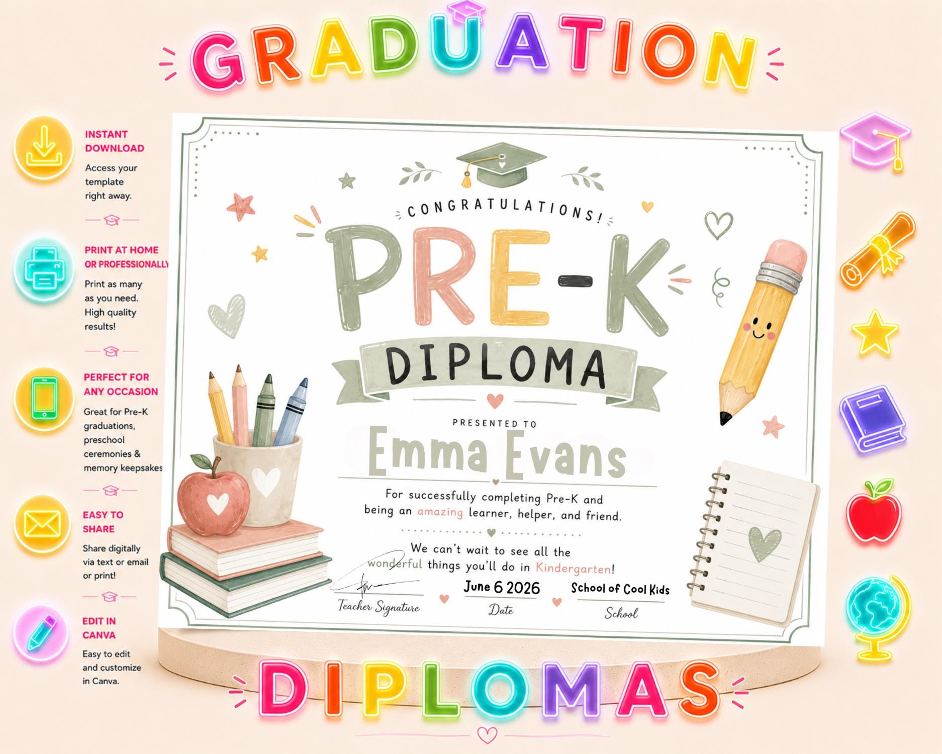 Editable Sage Green Pre-K Graduation Diploma preview 2