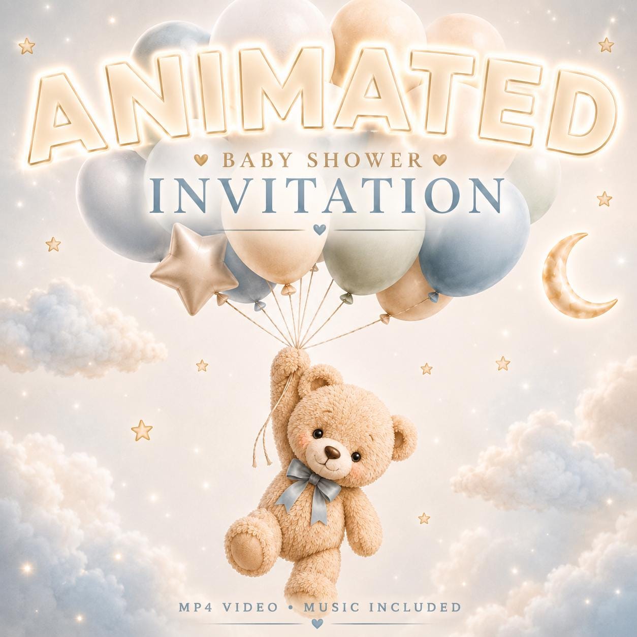 Animated Blue Teddy Bear Baby Shower Invitation preview 2