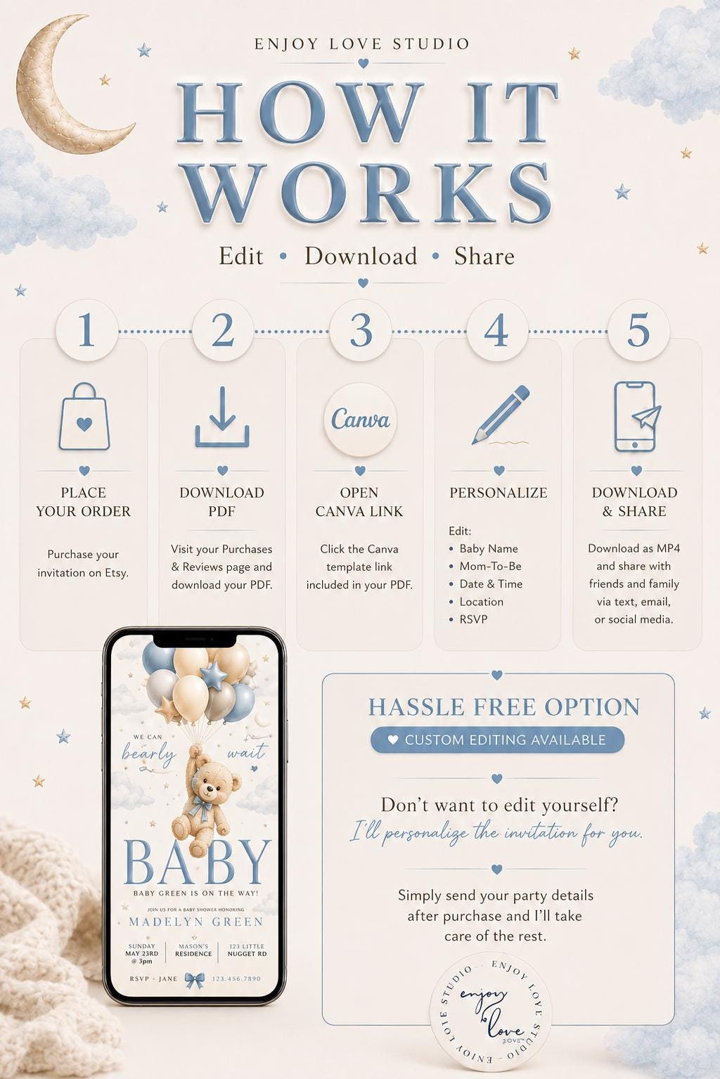 Animated Blue Teddy Bear Baby Shower Invitation preview 3