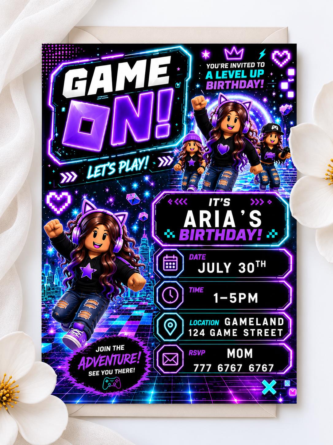 Editable Purple Gamer Girl Birthday Invitation preview 2