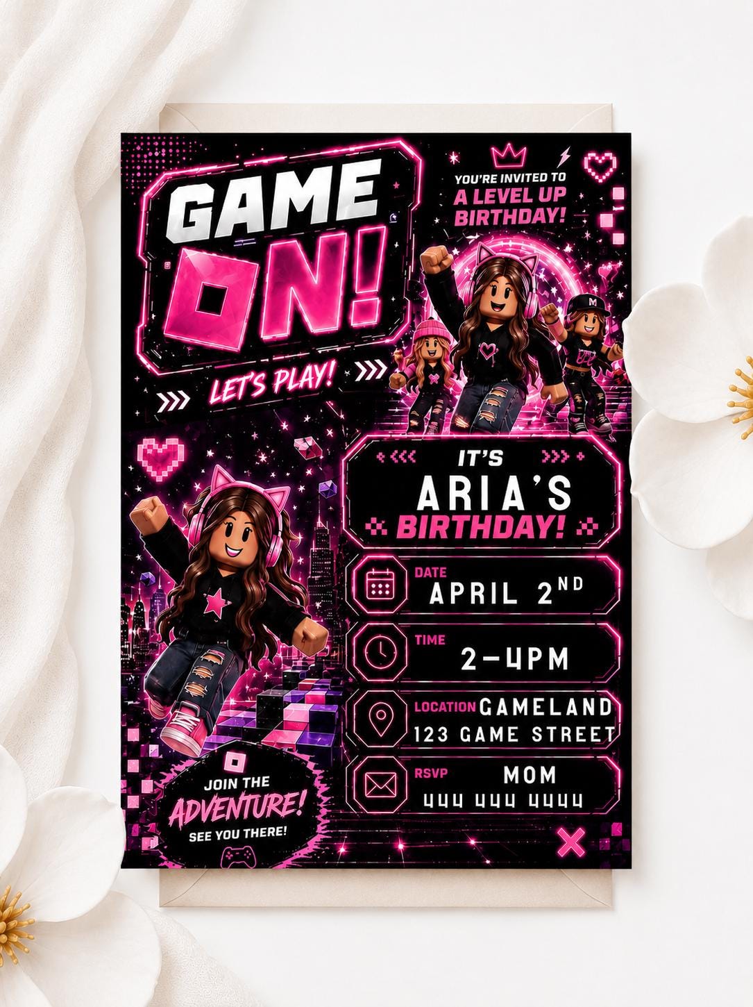 Editable Pink Gamer Girl Birthday Invitation preview 2
