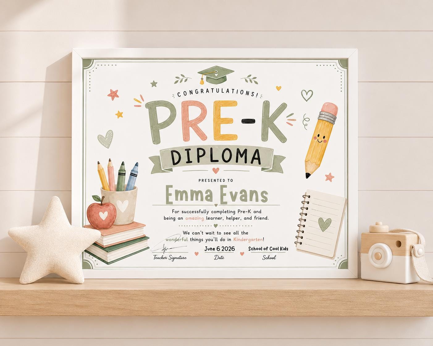 Editable Sage Green Pre-K Graduation Diploma digital product