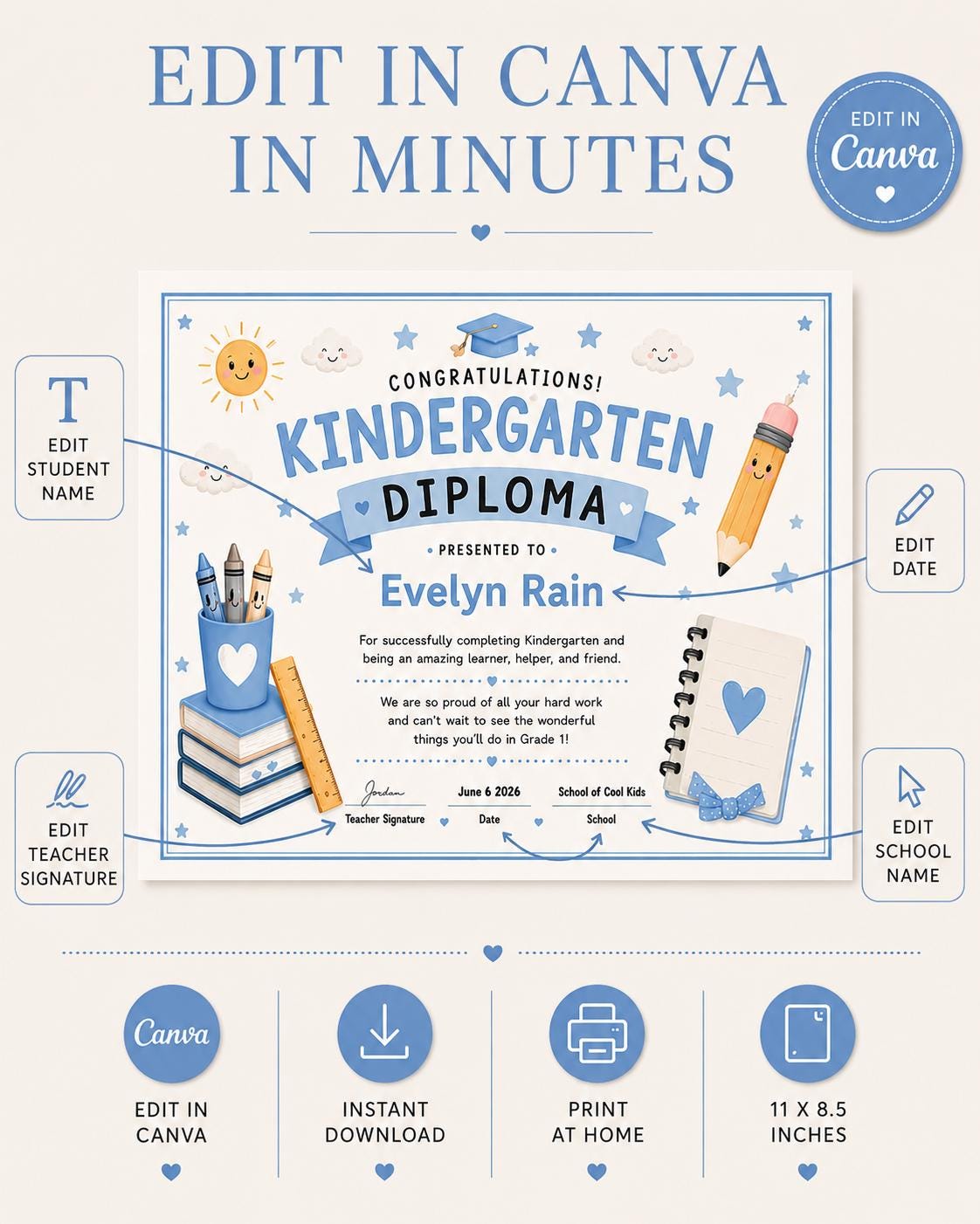 Editable Blue Kindergarten Diploma preview 6