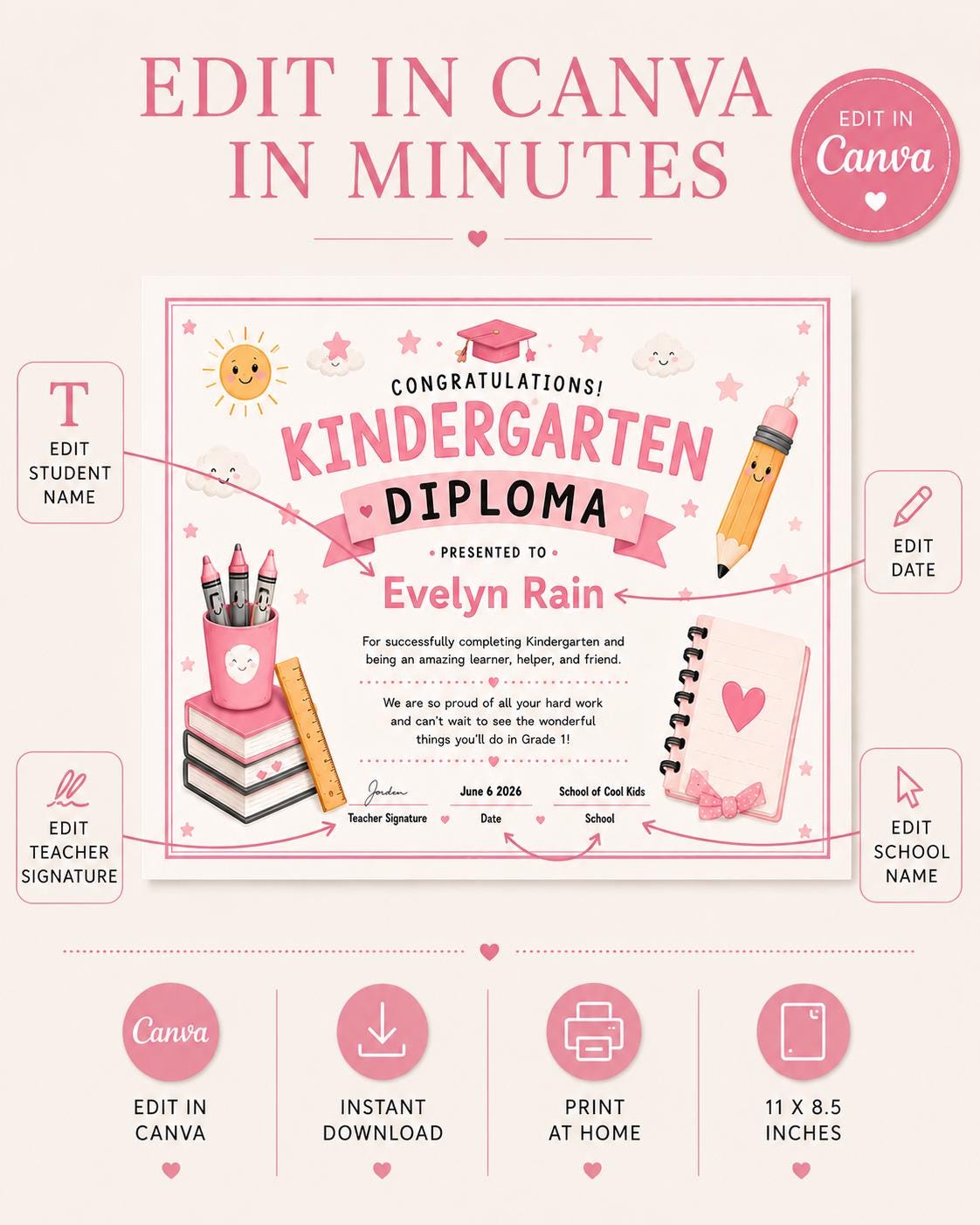 Pink Kindergarten Diploma Template preview 6