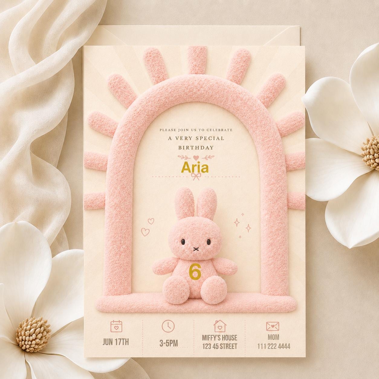 Editable Pink Plush Bunny Birthday Invitation preview 2