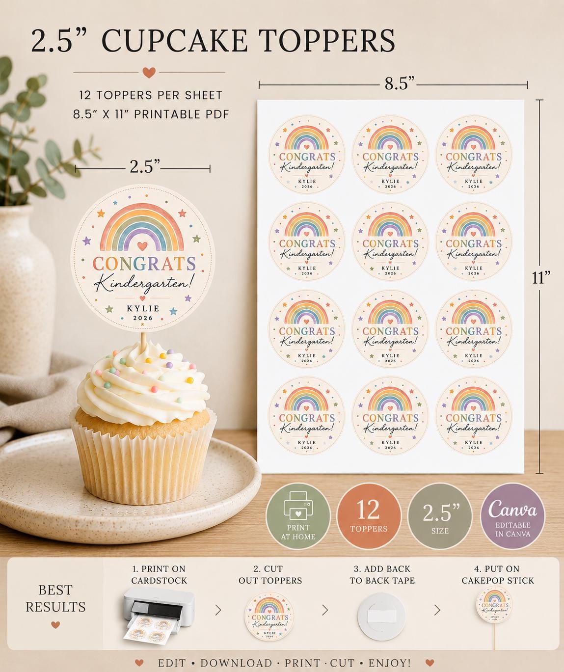 Editable Kindergarten Graduation Cupcake Toppers preview 4