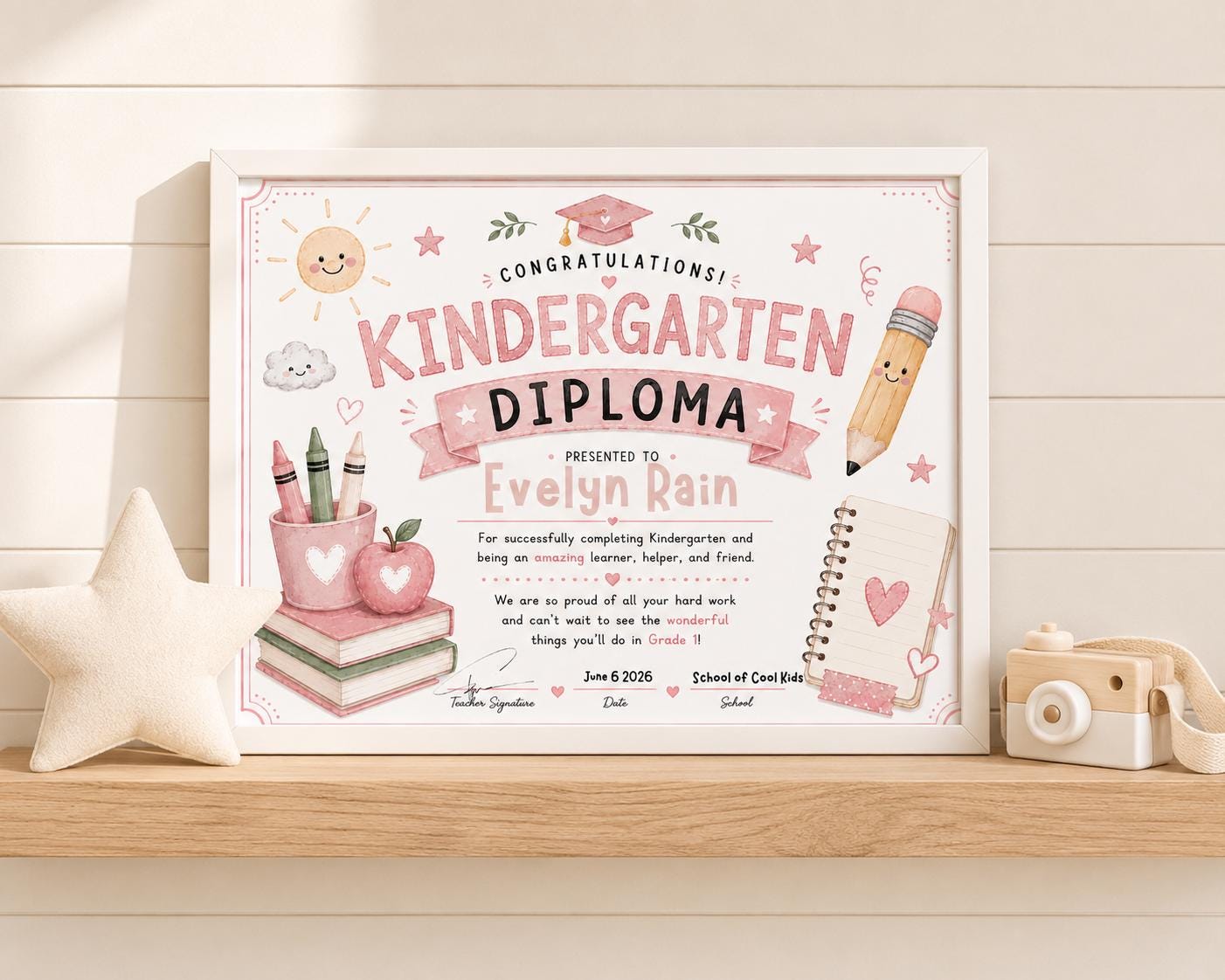 Pink Kindergarten Diploma Template digital product
