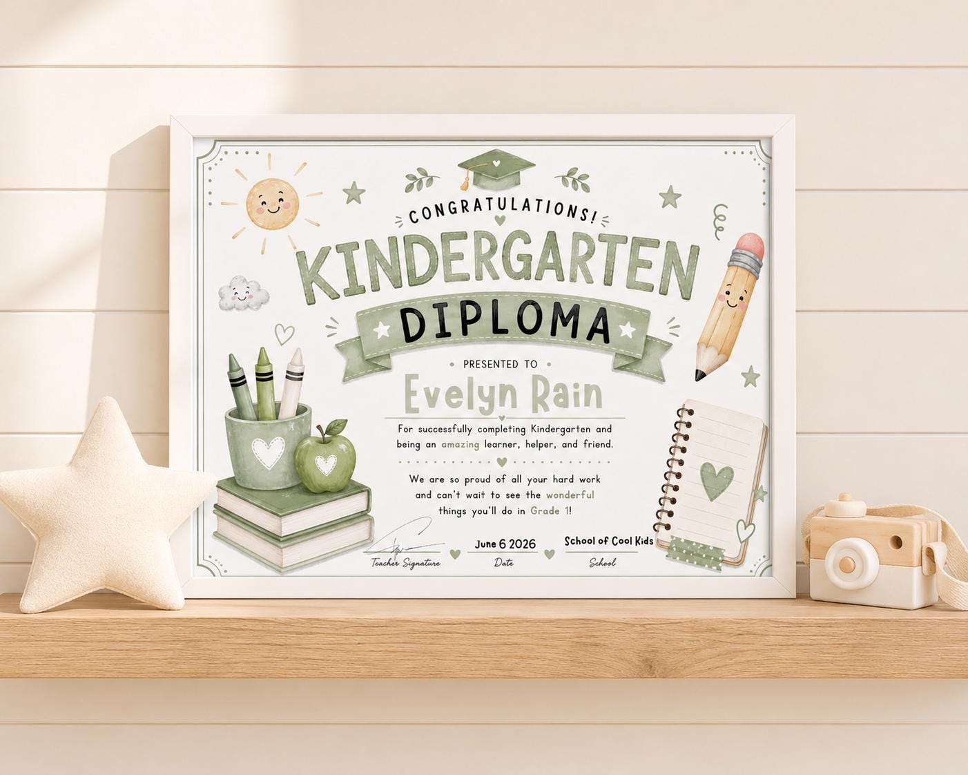 Sage Green Kindergarten Diploma Template digital product