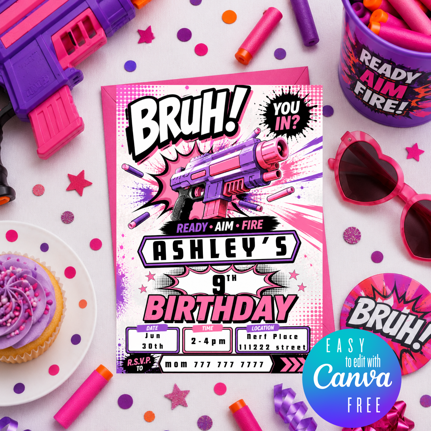 Girls Nerf Birthday Invitation