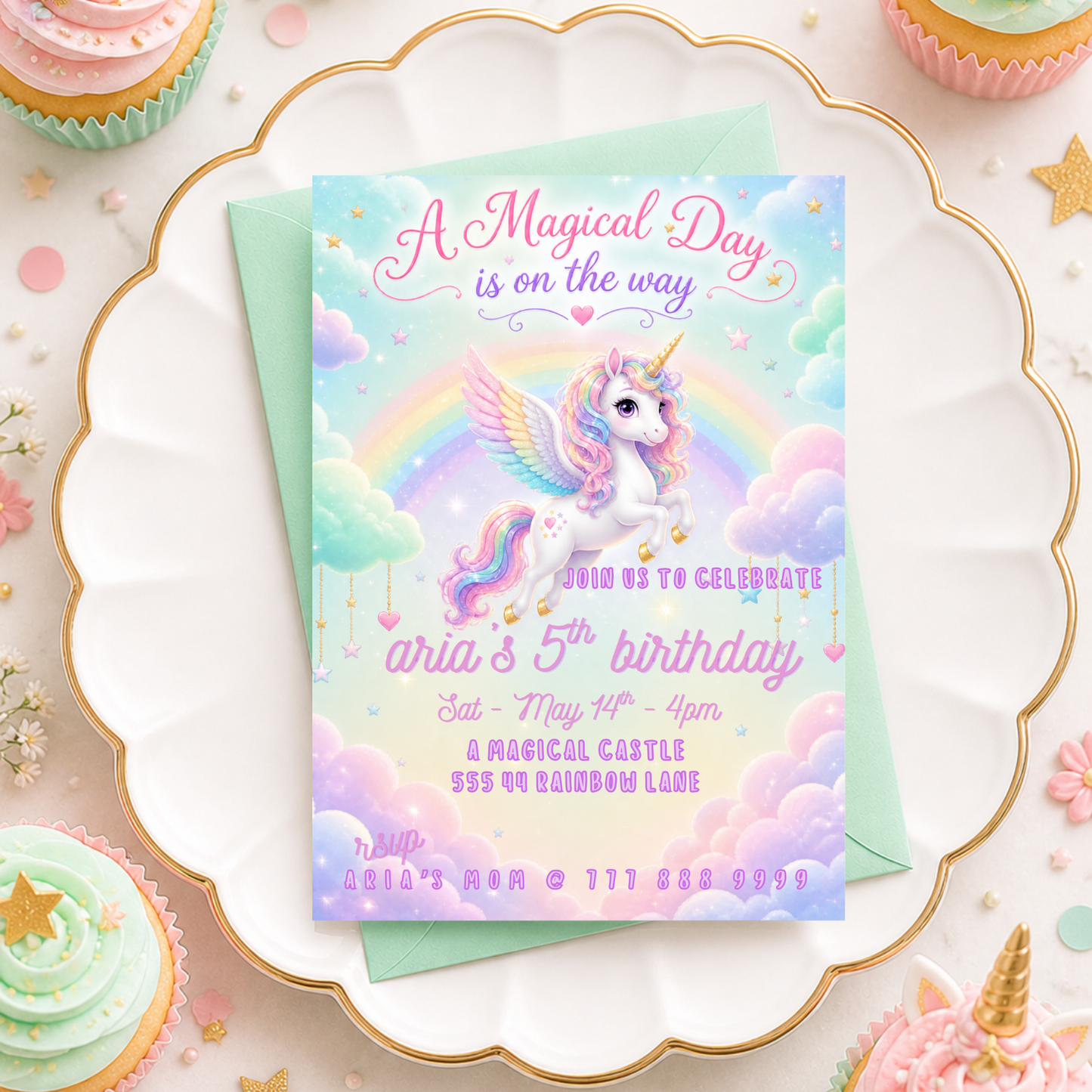 Mint Unicorn Birthday Invitation