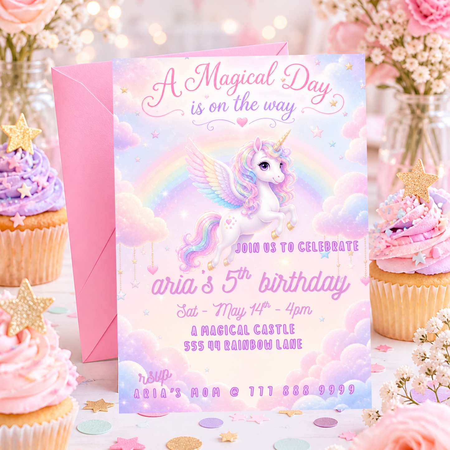 Rainbow Unicorn Birthday Invitation